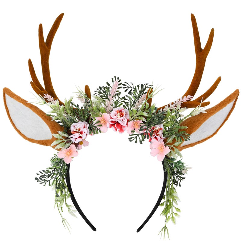 MOSTORY Handmade Antler Headband Brown  Adjustable Reindeer Horns Crown with Ears Fairy Flower Woodland Headpiece for Renaissance Christmas Cosplay Prom Fae Ball Costume Photo Prop